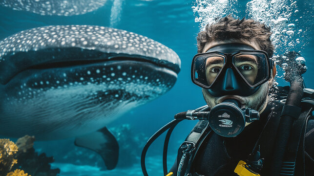 Underwater Encounter: Diver and whale shark together in the vast, blue ocean, creating a memorable moment.