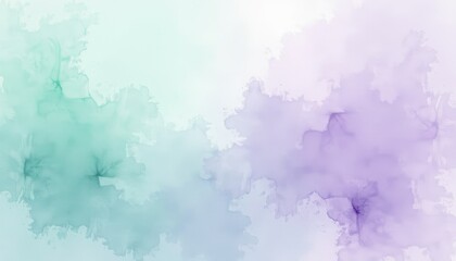 Vibrant Watercolor Painting: Dreamy Blue, Green, Purple, White Hues in Ethereal Atmosphere. A watercolor painting of a pastel blue and purple abstract background.