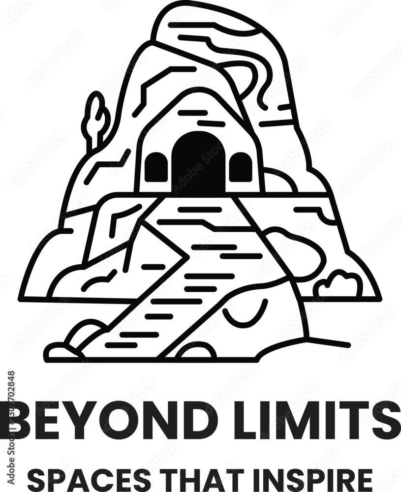Poster beyond limits that is a rock with a cave and a path leading to it