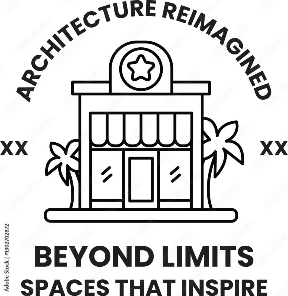 Poster a building with a star on top and palm trees in the background