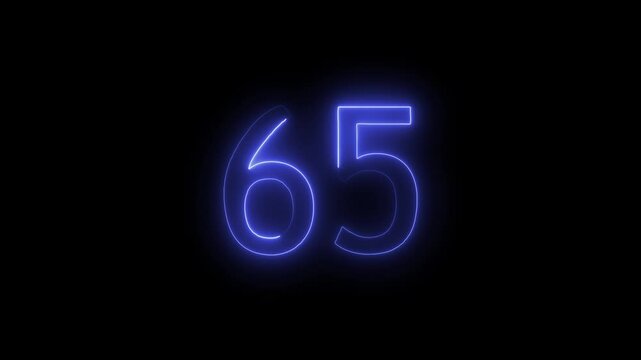 Abstract glowing neon text 65 number countdown icon. Educational mathematics 65 animation on black background.