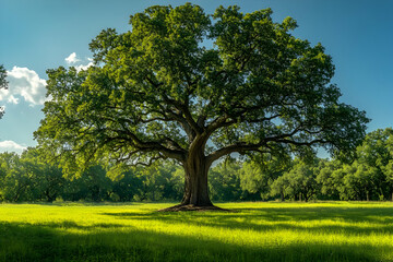 Large Oak Tree In A Field Under Sunny Sky