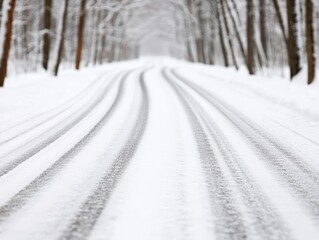Obraz premium Snow covered road through dense winter forest with tall trees on both sides creating a serene and isolated seasonal landscape perfect for travel and nature photography enthusiasts