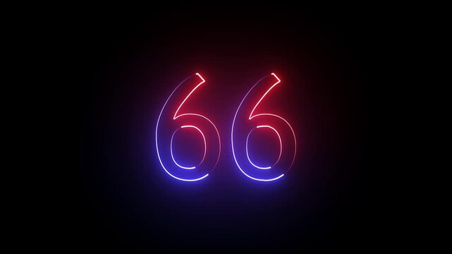 Abstract glowing neon text 66 number countdown icon. Educational mathematics 66 animation on black background.