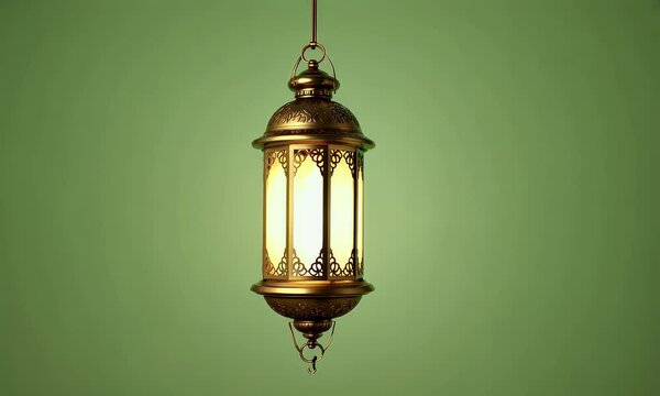 Traditional golden lantern moves rhythmically in a soft wind on a keyable green screen, offering effortless digital compositing possibilities
