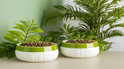 Obraz premium A pair of stylish pet bowls filled with kibble, surrounded by lush green plants, set against a soft green wall.
