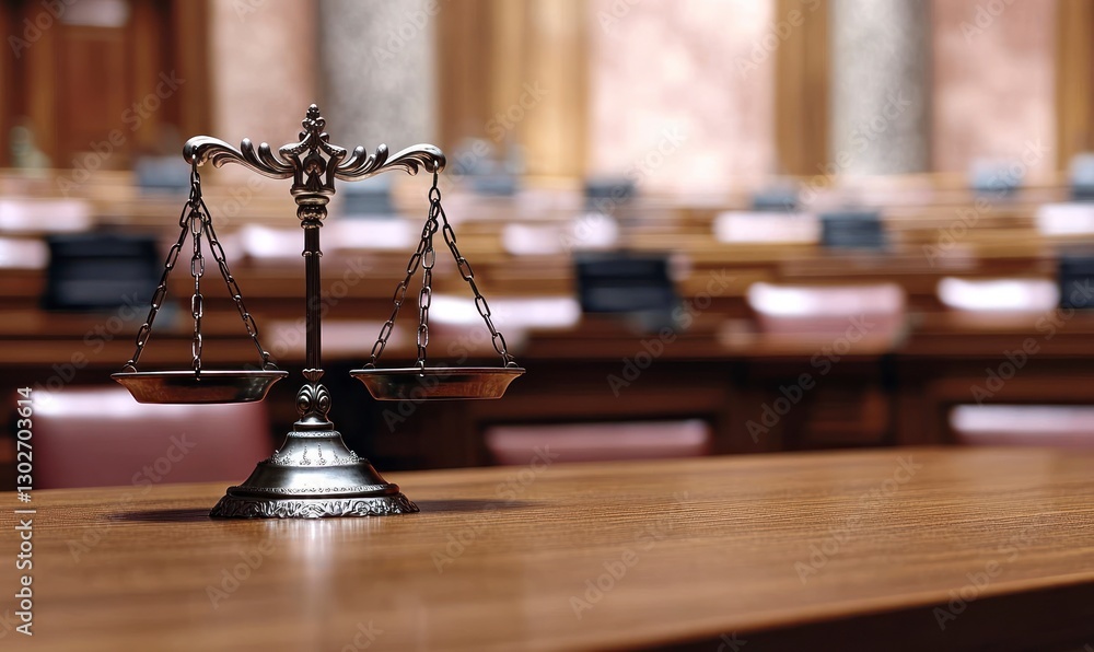 Poster the scales of justice, set on an old wooden table in front of rows of empty seating inside a courtro