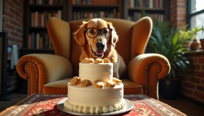 Golden Retriever Celebrates with Cake Wearing Glasses in a Cozy Library Setting, Sitting on an Armchair, Enjoying Life's Simple Moments, and Displaying Affection