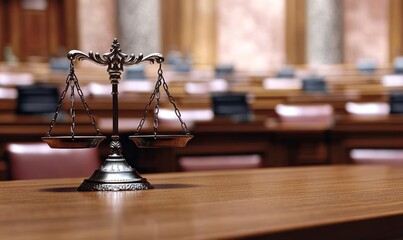 the scales of justice, set on an old wooden table in front of rows of empty seating inside a courtroom