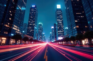 Fototapeta premium Vibrant night cityscape with dynamic light trails in urban street