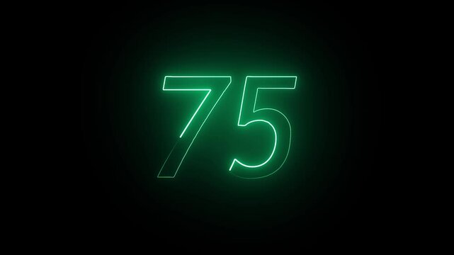 Abstract glowing neon text 75 number countdown icon. Educational mathematics 75 animation on black background.