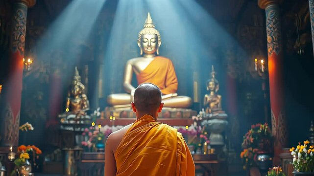 The Thai monk worships a Buddha statue.
