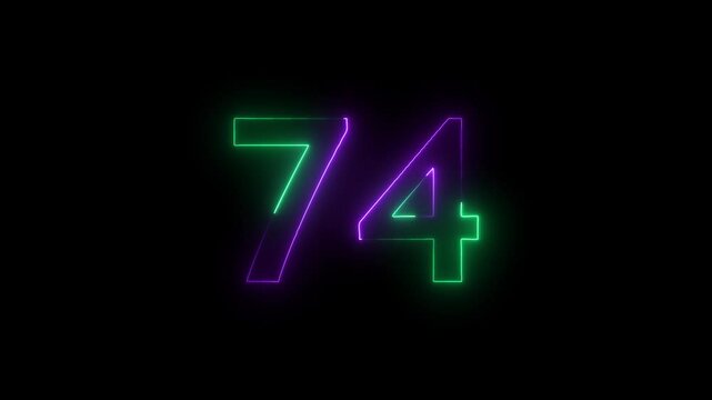 Abstract glowing neon text 74 number countdown icon. Educational mathematics 74 animation on black background.