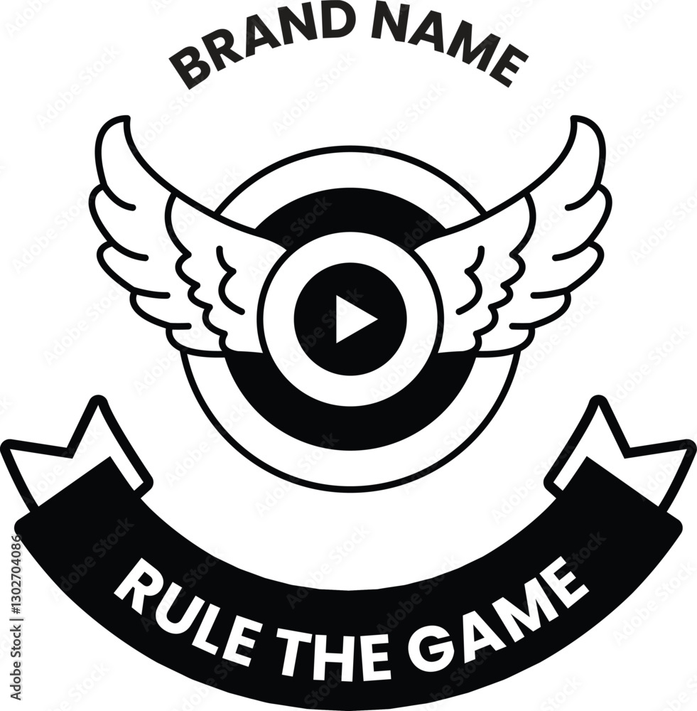 Poster a logo with wings and a circle with a play button in the middle
