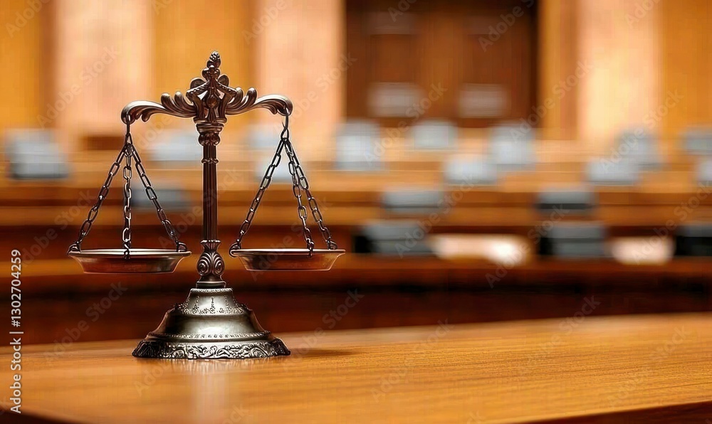 Poster the scales of justice, set on an old wooden table in front of rows of empty seating inside a courtro