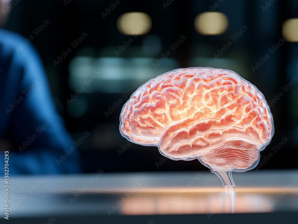 Poster digital 3d rendering of human brain glowing in neural blue light representing advanced neuroscience 