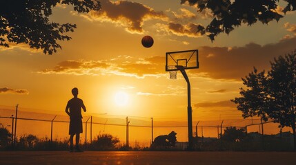 Sunset Basketball Scene With Player Silhouette at Outdoor Court
