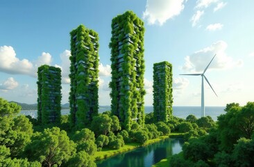 Futuristic eco-friendly skyscrapers with wind turbine and lush greenery by the ocean