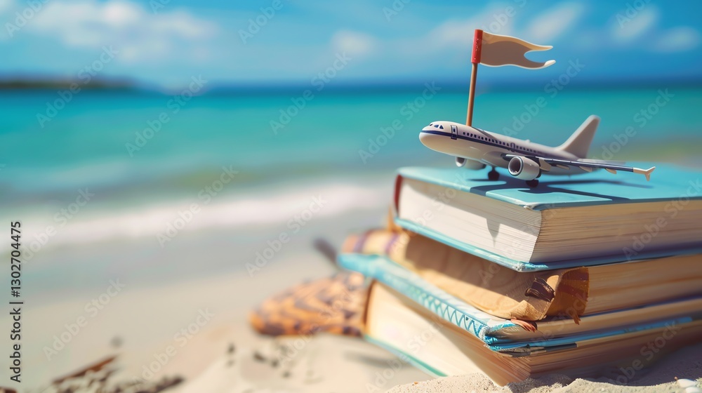 Poster a toy airplane sits on a stack of books on a beach with palm trees and ocean in the background.