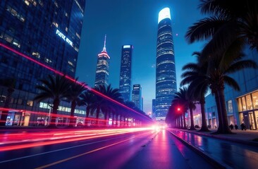 Nightscape of modern city with light trails and skyscrapers