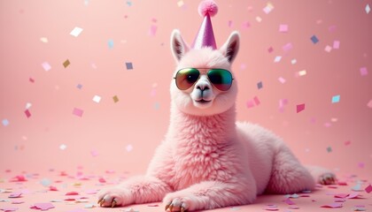 Celebration mood with elegant mammal wearing a party hat and sunglasses in a confetti-filled pastel scene for festive marketing campaigns