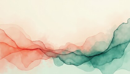 Abstract Watercolor Painting: Vibrant Red, Green, Peach on White Background for Stunning Contrast. A watercolor painting of wavy red and teal colors on a white background.