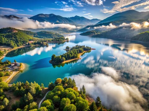 Misty Aerial View of Lake Doxa, Corinthia, Greece: Breathtaking Hillside Scenery