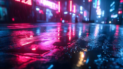 Colorful neon lights reflect on a rainy city street at night