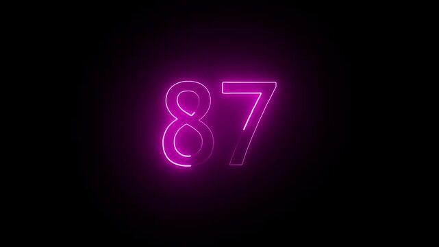 Abstract glowing neon text 87 number countdown icon. Educational mathematics 87 animation on black background.