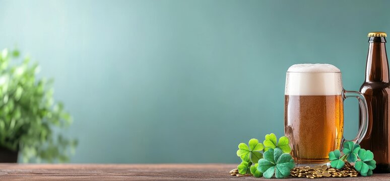 St. Patrick's Day Beer Display on Wooden Table - Powered by Adobe