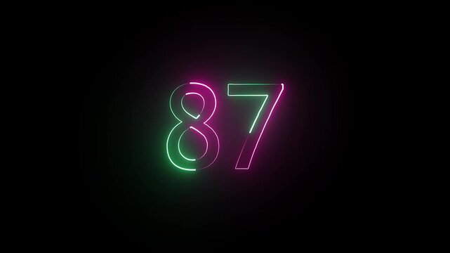 Abstract glowing neon text 87 number countdown icon. Educational mathematics 87 animation on black background.