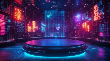Empty podium surrounded by floating virtual screens, digital grids, and glowing lines in a high-tech cyber city