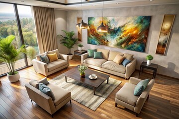 Fototapeta premium Modern Beige Living Room Interior with Abstract Silhouette Art & Comfortable Seating