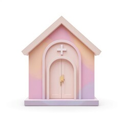 Colorful church model with a white cross against a plain background