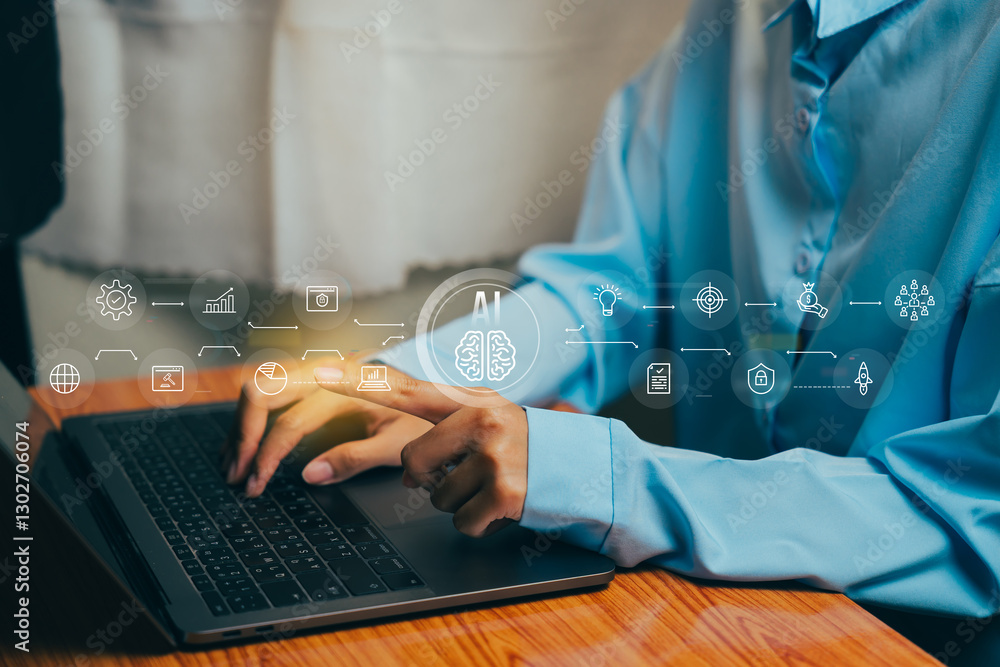 Poster hands typing on laptop with artificial intelligence icons in modern workspace setting, business conc