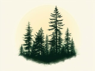 Fototapeta premium Dense evergreen pine forest silhouette illustration with warm sunset gradient backdrop evoking tranquility and natural beauty ideal for environmental themes