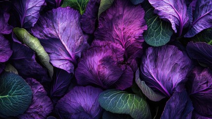 Obraz premium Vibrant Purple Cabbage Leaves Laying Over Lush Green Background