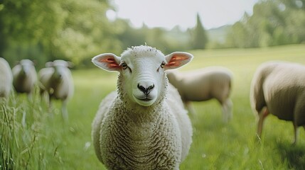 Fototapeta premium Close-up of a Sheep in a Green Pasture with Other Sheep Behind