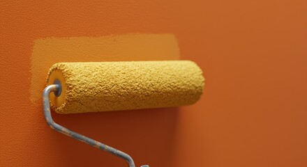 Obraz premium Vibrant Orange Wall Accentuated by a Yellow Paint Roller, Creating a Fresh Aesthetic