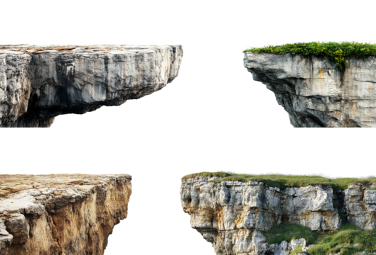 Set of rocky cliffs with rough texture, isolated on transparent cutout background