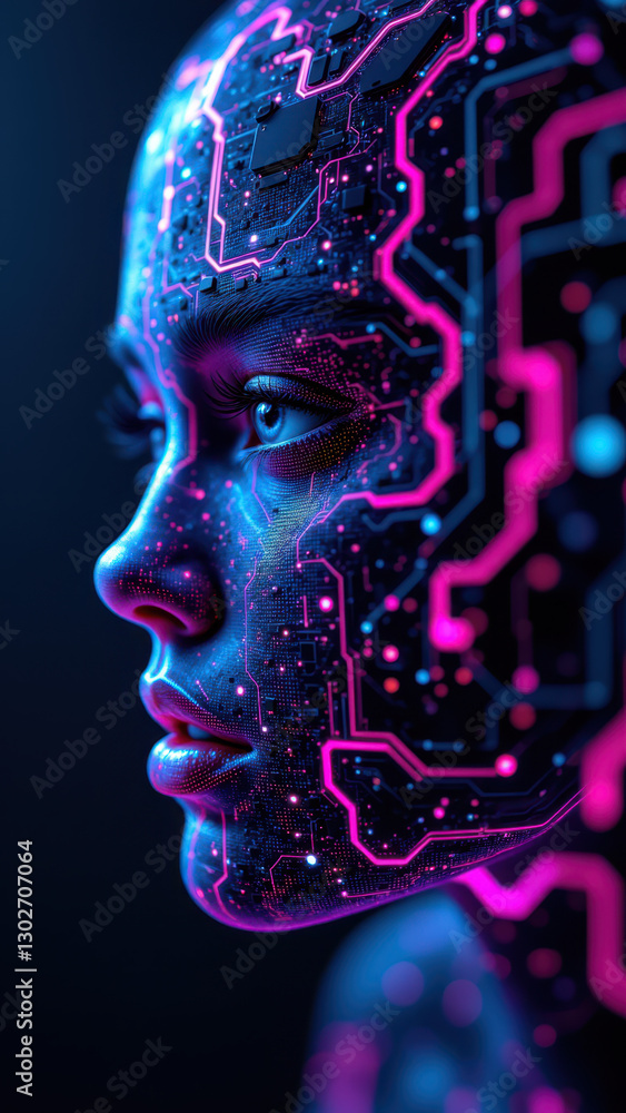 Poster a futuristic woman's face with cybernetic elements showcasing a blend of human appearance and techno