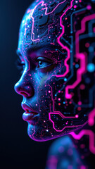 Obraz premium A futuristic woman's face with cybernetic elements showcasing a blend of human appearance and technology, reflecting concepts related to ci/cd, docker, kubernetes, devops.