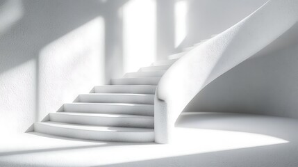 White spiral stairs ascend in a light filled room, good for modern architecture