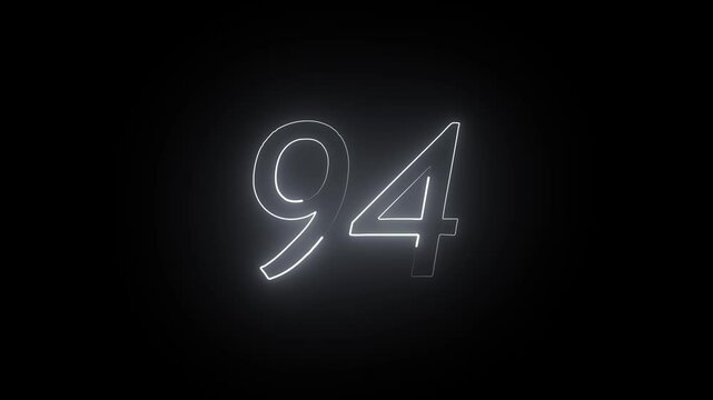 Abstract glowing neon text 94 number countdown icon. Educational mathematics 94 animation on black background.
