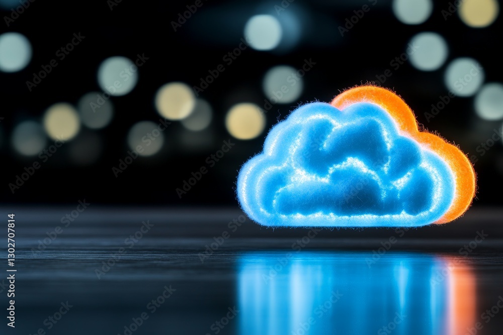 Aufkleber neon blue cloud icon with glowing edges against dark bokeh lights representing cloud computing techn