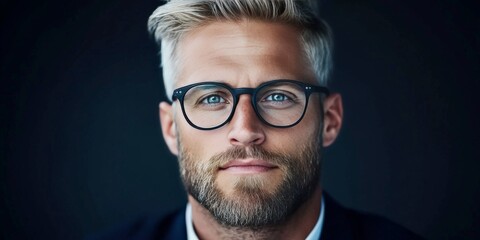 Obraz premium Confident bearded businessman with glasses in dark suit against modern office background symbolizing leadership corporate success and executive professionalism in business portrait