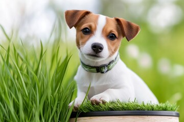 Cute puppy rests on grass in a serene outdoor setting during a sunny afternoon in spring