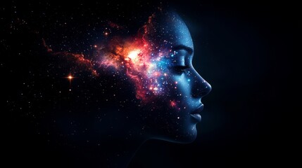 Fototapeta premium Cosmic Beauty in Profile with Stars and Galaxies Filling the Silhouette of a Woman