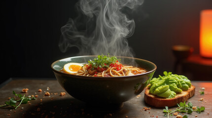 A bowl of steaming noodles topped with fresh herbs, red chili, and a soft-boiled egg sits on a dark surface