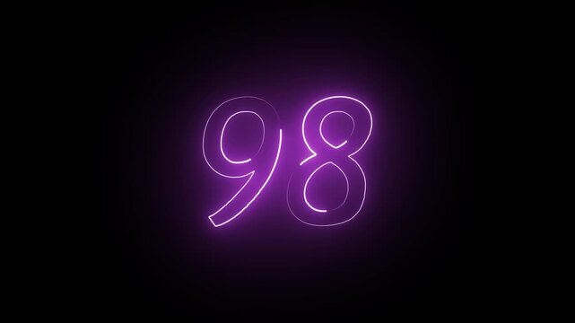 Abstract glowing neon text 98 number countdown icon. Educational mathematics 98 animation on black background.